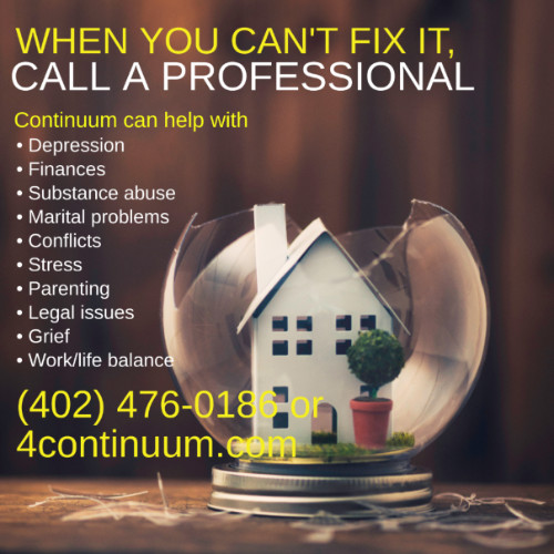 Receive confidential assistance with depression, finances, substance abuse, marital problems, conflicts, stress, parenting, legal issues, grief, work/life balance and more. Contact continuum at 4continuum.com or call 402-476-0186